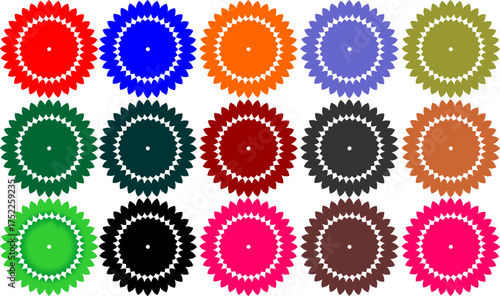 Colorful Starburst Badge and Rosette Seal Set - Vector Collection of Vibrant Gears, Awards, and Sunburst Shapes