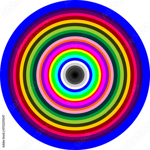 A vibrant optical illusion of a deep colorful circular tunnel with concentric rings.,Vibrant Concentric Circles Design - Psychedelic Colorful Rainbow Target or Abstract Hypnotic Ring Pattern