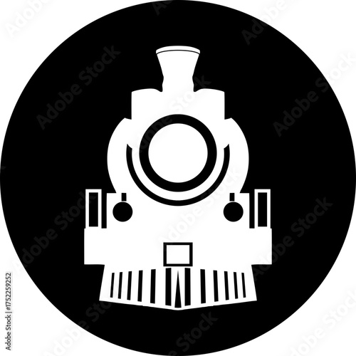 A vintage steam train engine facing forward inside a black circle background design element