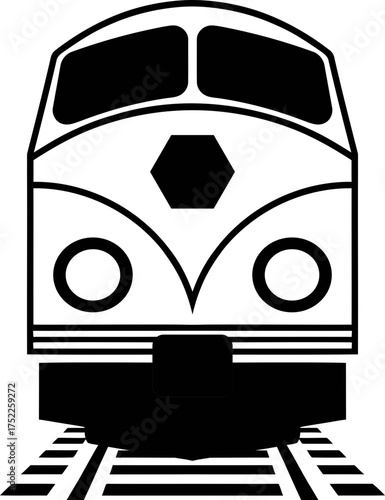 A black and white/transparent graphic of a train engine facing forward on the tracks with a hexagon shape on front