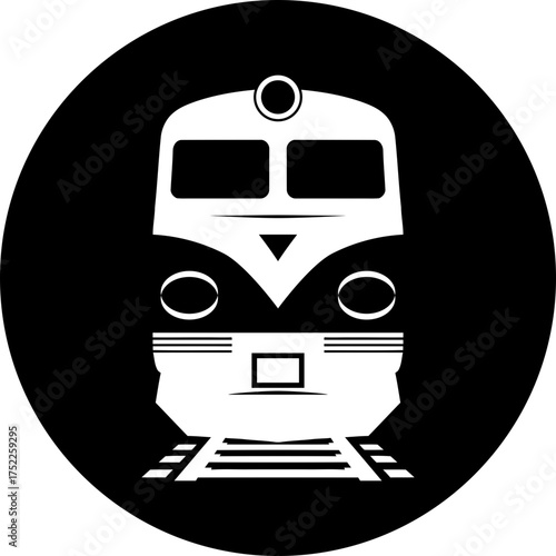 A train engine facing forward on tracks inside a black circle background design