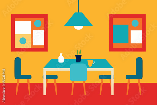 Colorful dining room with table chairs and artwork