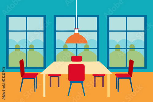 Dining room scene with table chairs and windows