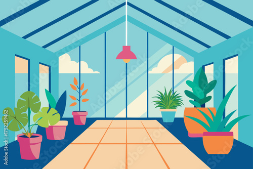 Illustration of plants in a bright sunlit greenhouse