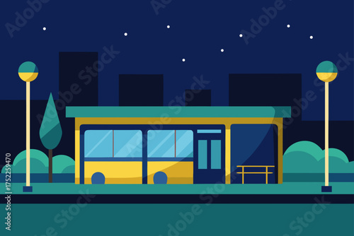 A bus stop at night with streetlights and buildings