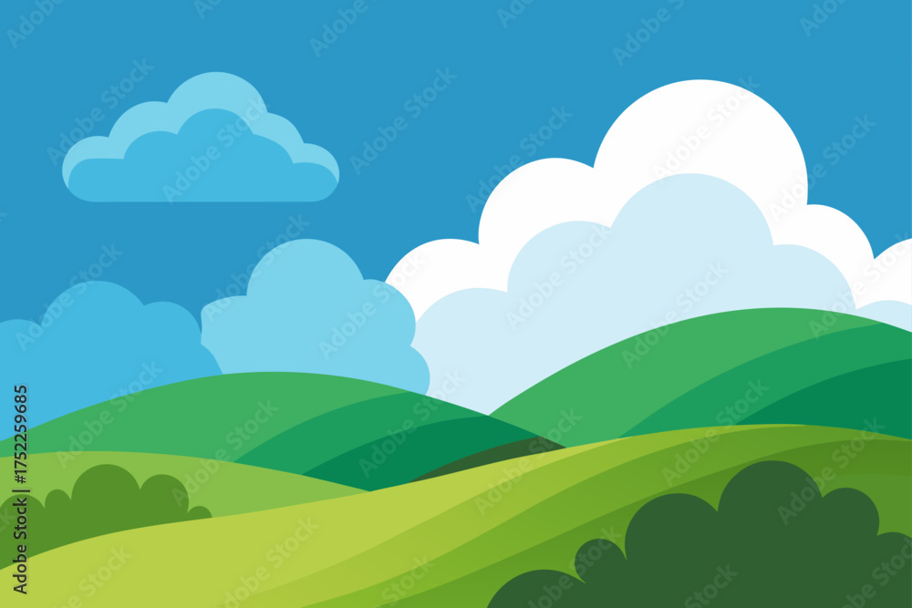 Fototapeta premium Cartoon landscape with hills and clouds in the sky