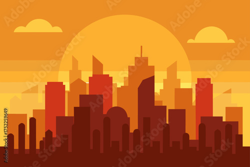 Cityscape silhouette against a sunset background