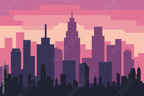 Silhouette of a city skyline at sunset illustration