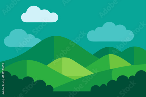Illustration of green hills and clouds in the sky