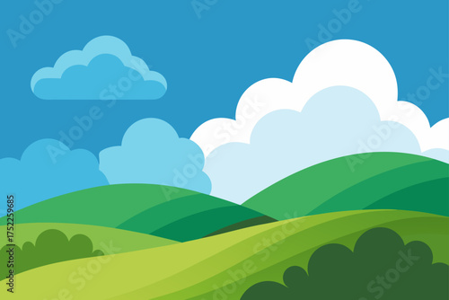 Cartoon landscape with hills and clouds in the sky