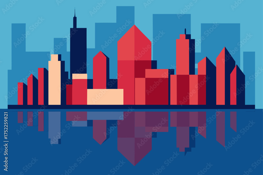Fototapeta premium Cityscape reflection with geometric building shapes