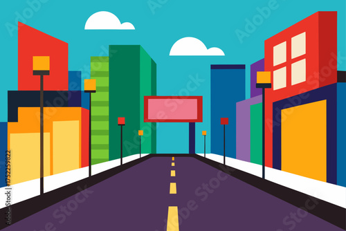 Colorful city street with buildings and streetlights