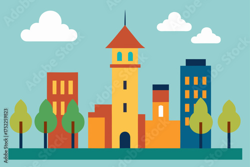 Illustration of cityscape with buildings and clouds