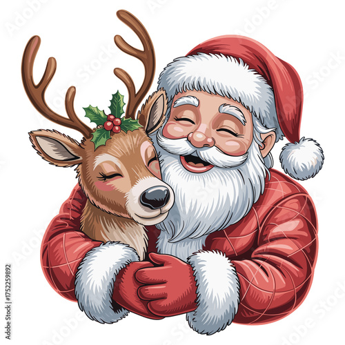 Santa Claus Hugging a Reindeer with Holly and Christmas Spirit embrace