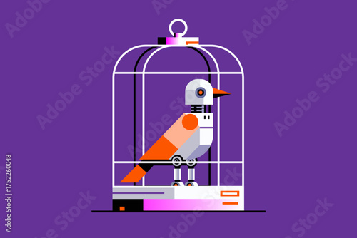 A robotic bird with orange accents sits inside a white birdcage against a purple background.