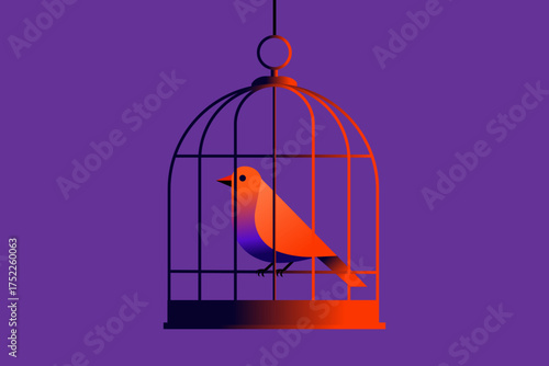 Illustration of a bird inside a cage, hanging against a purple background, rendered with gradient colors.