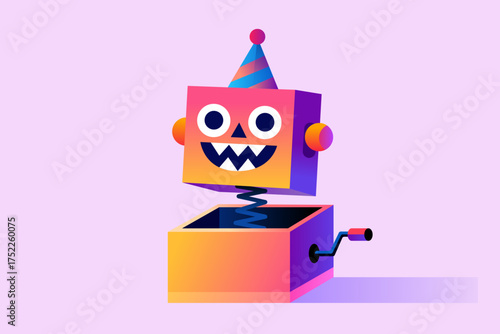 A colorful cartoon jack-in-the-box with a cube-shaped head wearing a party hat, popping out of a box.