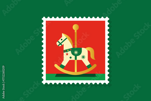 A stylized rocking horse design on a postage stamp, set against a green background.