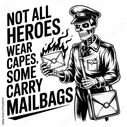 Skeleton postman with mailbag and flames holding a letter Keywords: skeleton, postman, mailman, mailbag, letter, envelope, flames, fire, hero, cape, not all heroes wear capes, some carry mailbags