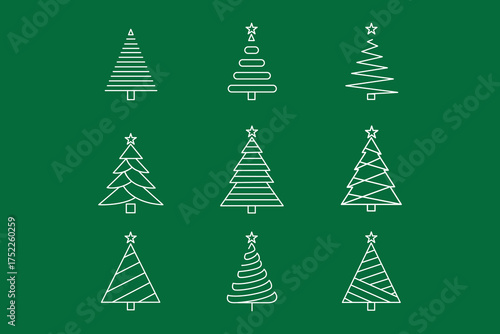 Nine stylized white Christmas tree illustrations arranged on a green background.
