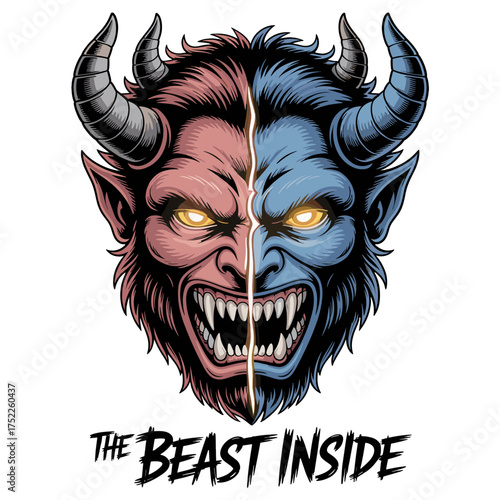 Split Face Demon With Red And Blue Hues Glowing Eyes And Sharp Teeth devil beast inside