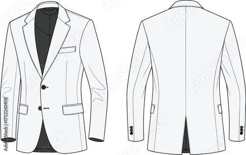 Men blazer illustration, technical fashion flat, tailored jacket design, notched lapel, two button closure, welt chest pocket, flap hip pockets, back vent