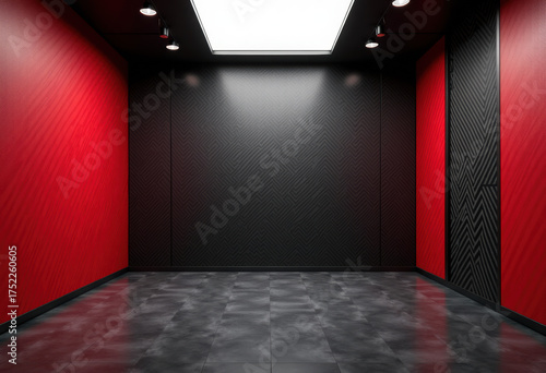 Studio interior with carbon fiber texture. Modern carbon fiber textured red black interior with light. Background for mounting, product placement.