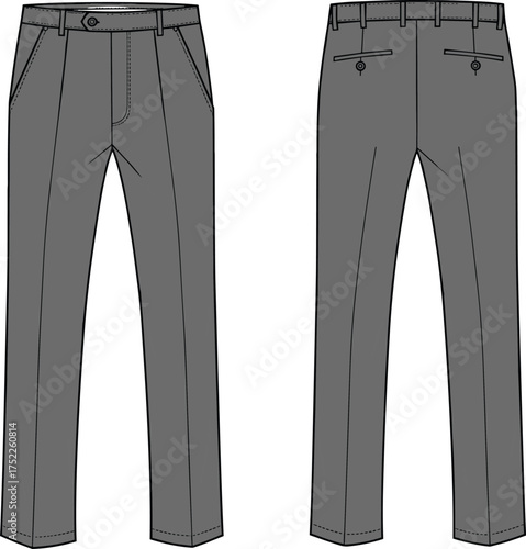 Men dress pants illustration, technical fashion flat, tailored trousers design, waistband with belt loops, button closure, welt pockets, formal wear