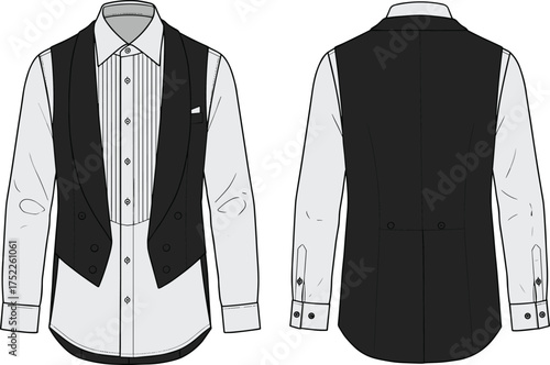 Men formal shirt illustration, technical fashion flat, long sleeve design, integrated vest overlay, pleated front, double breasted, tailored apparel