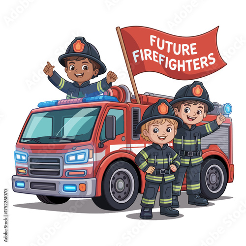 Three Diverse Cartoon Children Dressed As Firefighters With A Red Fire Truck And A Flag kids fire engine