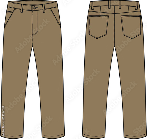 Men pants illustration, technical fashion flat, straight leg design, button closure, belt loops, side pockets, patch back pockets, garment construction