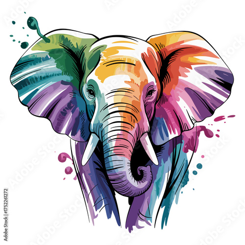 Vibrant Watercolor Elephant Portrait with Colorful Splashes Keywords: elephant, animal, wildlife, portrait, watercolor, colorful, vibrant, abstract, artistic, illustration, drawing, trunk, tusks