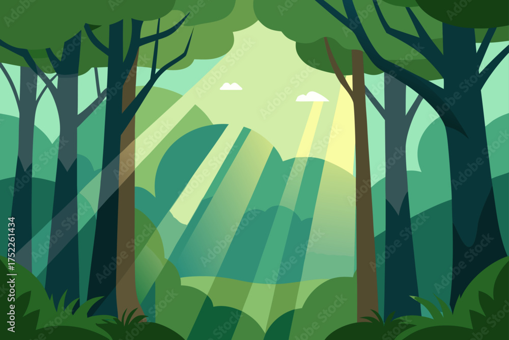 Obraz premium Sunlight filtering through trees in a forest scene