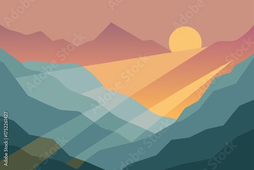Landscape view of mountains and sun with light rays