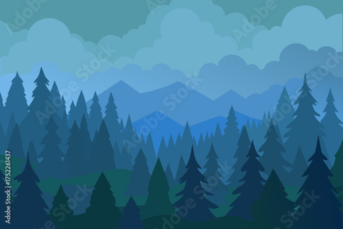Illustration of forest landscape with mountains view