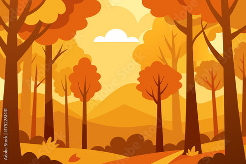 Autumnal forest scene with trees and a cloudy sky