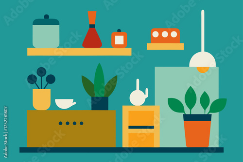 Flat design interior scene with shelves and plants