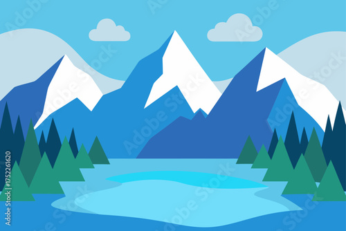 Illustration of mountains lake and forest landscape