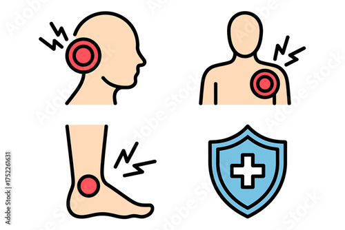Medical condition illustration highlighting common pain areas and health protection shield symbol for well being and care