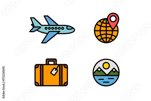 Travel icons representing airplane global destination luggage and natural landscape ideal for vacation planning and tourism promotion
