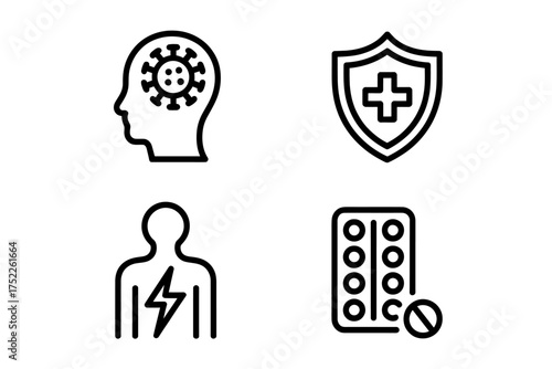 Set of icons representing health related concepts including virus infection immunity pain and medication