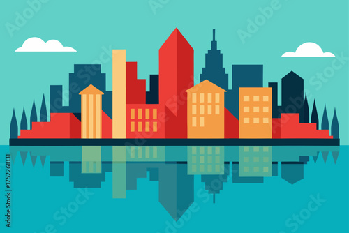 Cityscape with reflections on the water and clouds