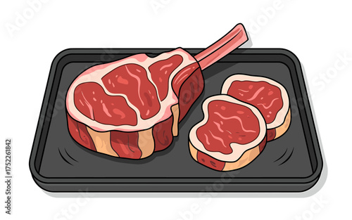 Tomahawk Steak and Medallions Raw Meat on Tray Ready for Grill Delicious Culinary Preparation