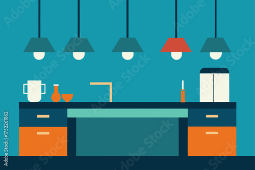 Kitchen interior with sink and hanging light fixtures