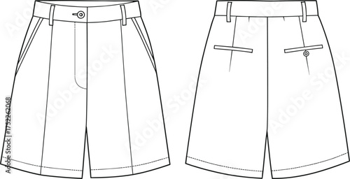 Men shorts illustration, technical fashion flat, tailored design, waistband with belt loops, button closure, welt back pockets, structured casual wear