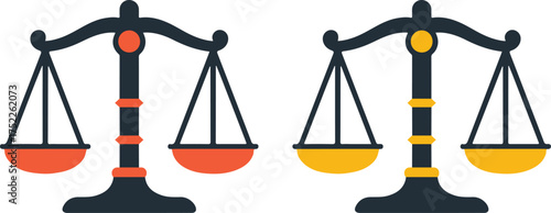Two stylized balance scales with orange and yellow pans scales of justice legal