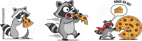 Funny Cartoon Raccoon Eating and Stealing Pizza Set Vector Illustration