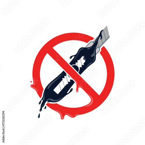 No cutting or sharp object symbol with black liquid splash