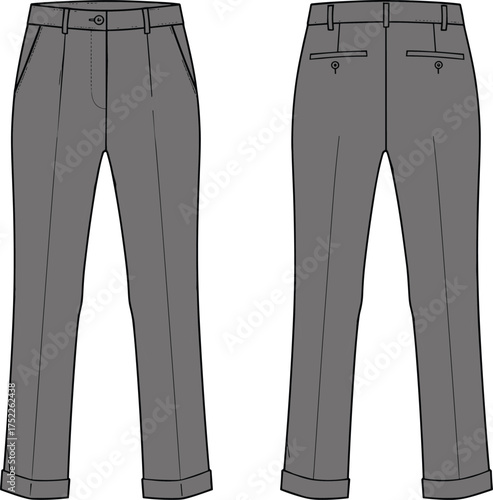 Men trousers illustration, technical fashion flat, tailored pants design, waistband with belt loops, button closure, zipper fly, welt pockets, cuffed hem