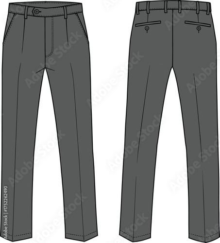 Men trousers illustration, technical fashion flat, tailored pants design, waistband with belt loops, button closure, welt back pockets, formal wear